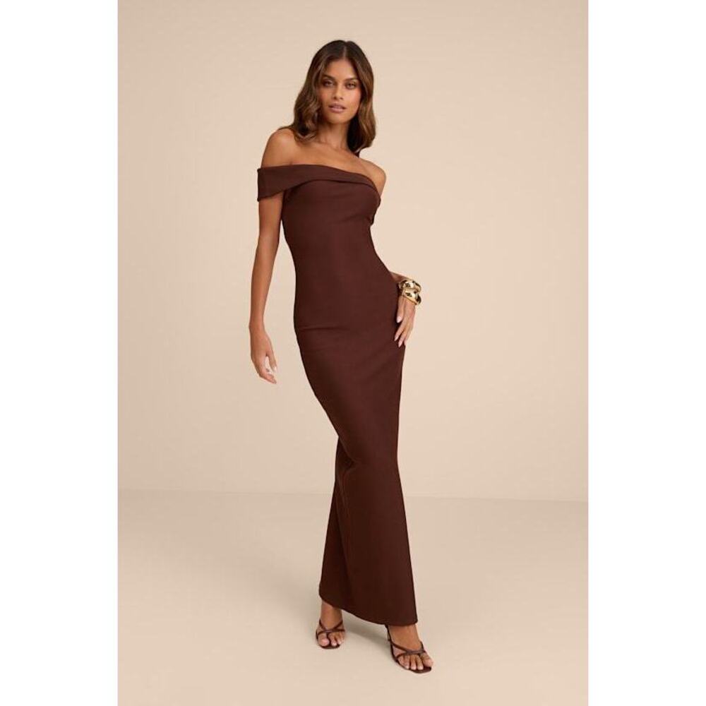 Lulus Chastain Brown Ponte Knit Off-the-shoulder Maxi Dress - Size XS